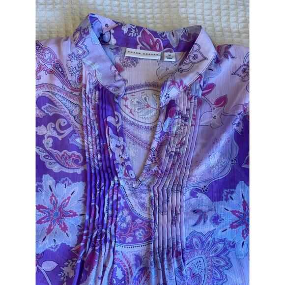 Susan Garver Paisley Floral Boho Purple Pleated Long Sleeve Tunic Blouse Medium - Picture 8 of 12